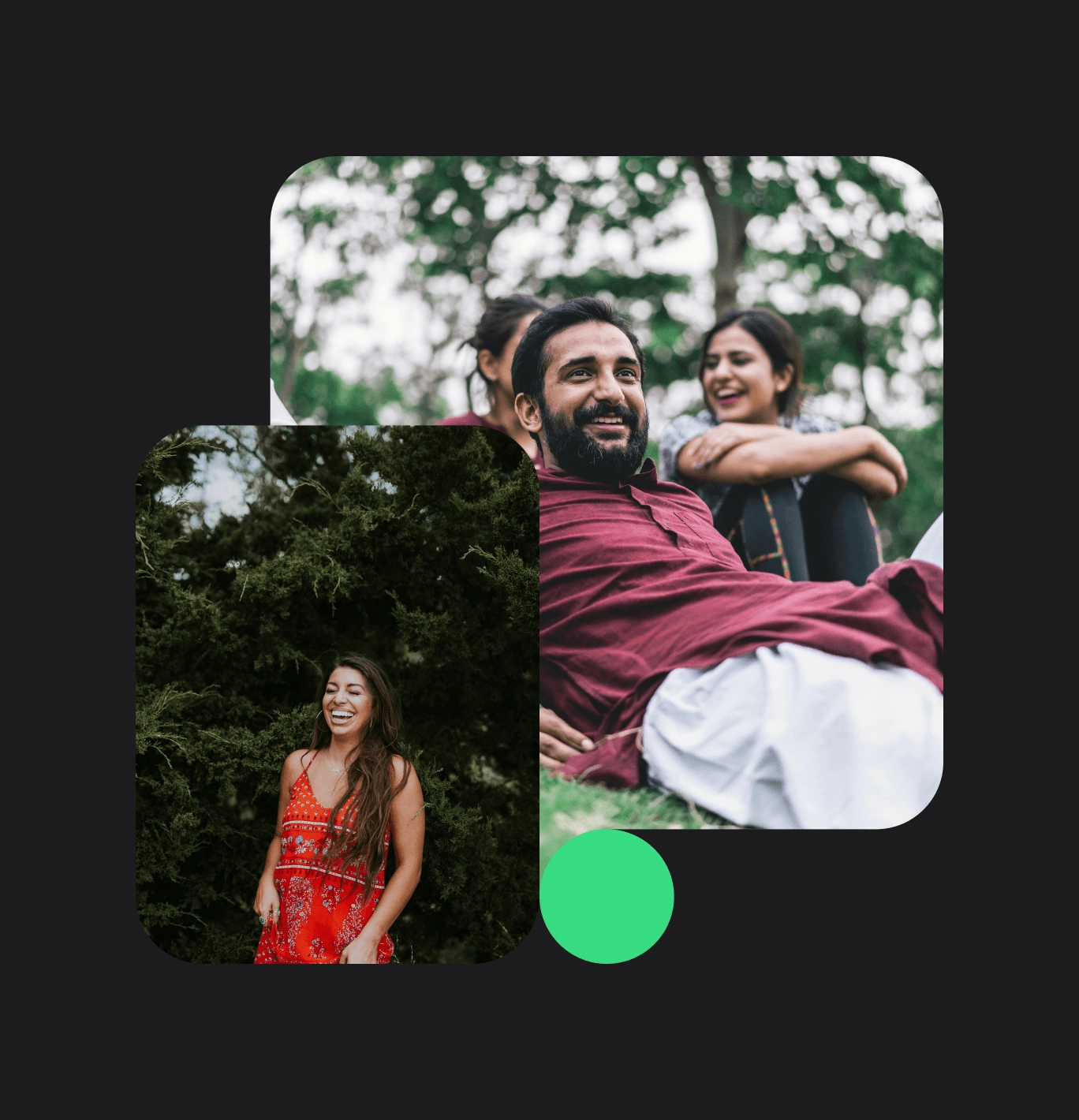 Personnes souriantes en plein air, ambiance détendue.